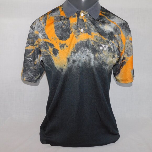 Yonex Mens L Orange black abstract print Badminton Polo Shirt Made in Japan - Picture 3 of 8